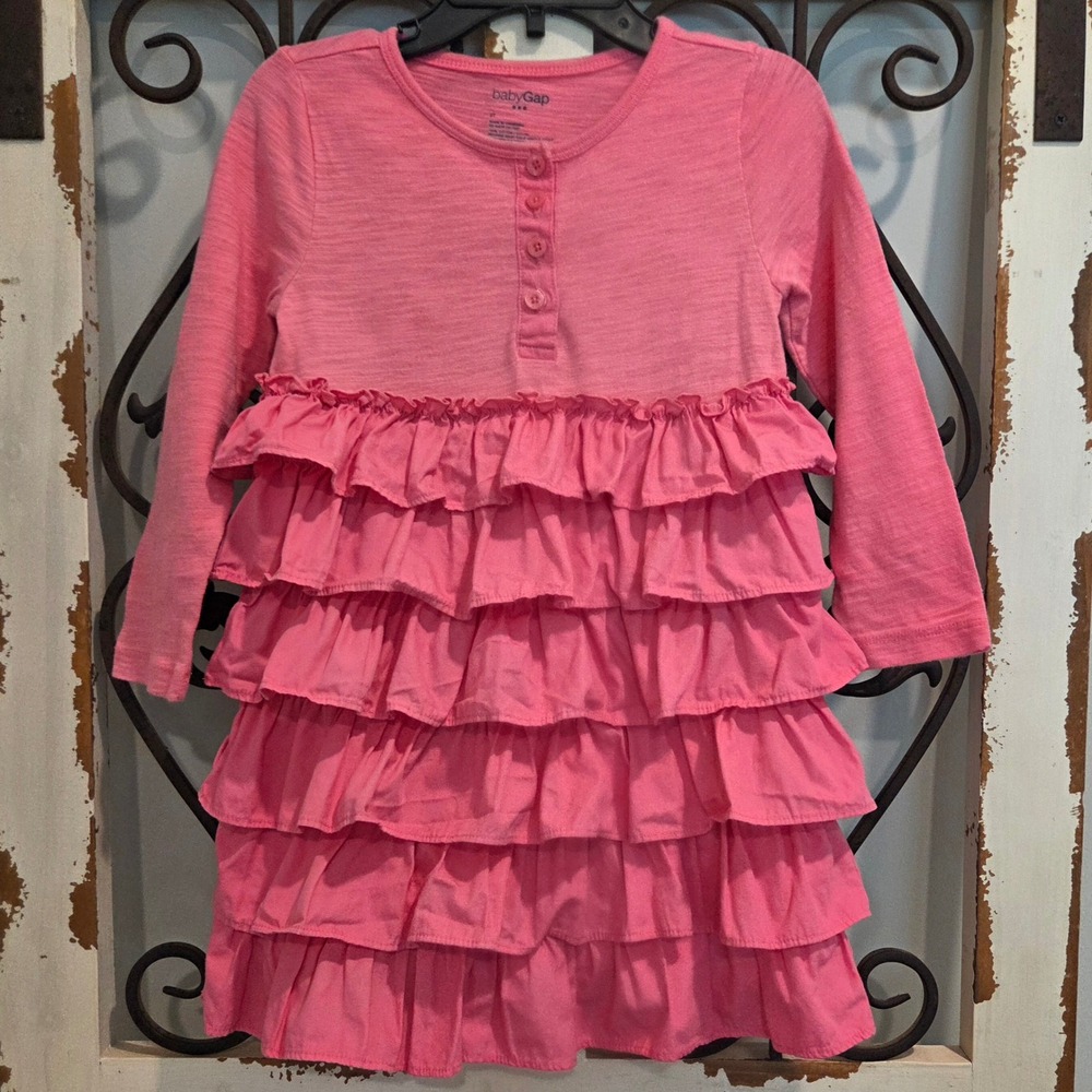 Baby Gap Toddler Girl Size 3T Bright Pink Tiered Ruffle Skirt Henley Dress